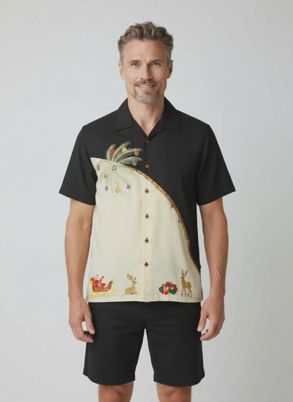 Holiday Palm Embroidered Christmas Aloha Shirt by Bamboo Cay - Black