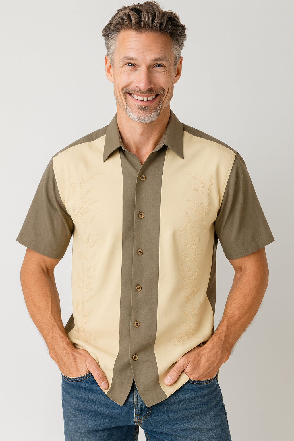 Vertical Bamboos Embroidered Polynosic Camp Shirt by Bamboo Cay