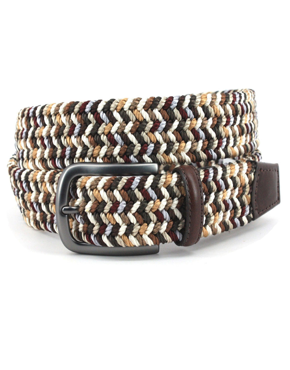 Italian Woven Cotton and Leather Stretch Belt by Torino - Brown/Multi