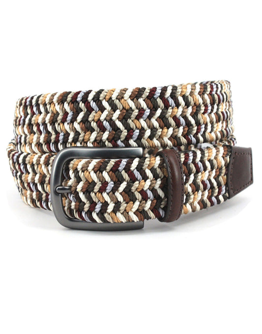 Italian Woven Cotton and Leather Stretch Belt by Torino - Brown/Multi